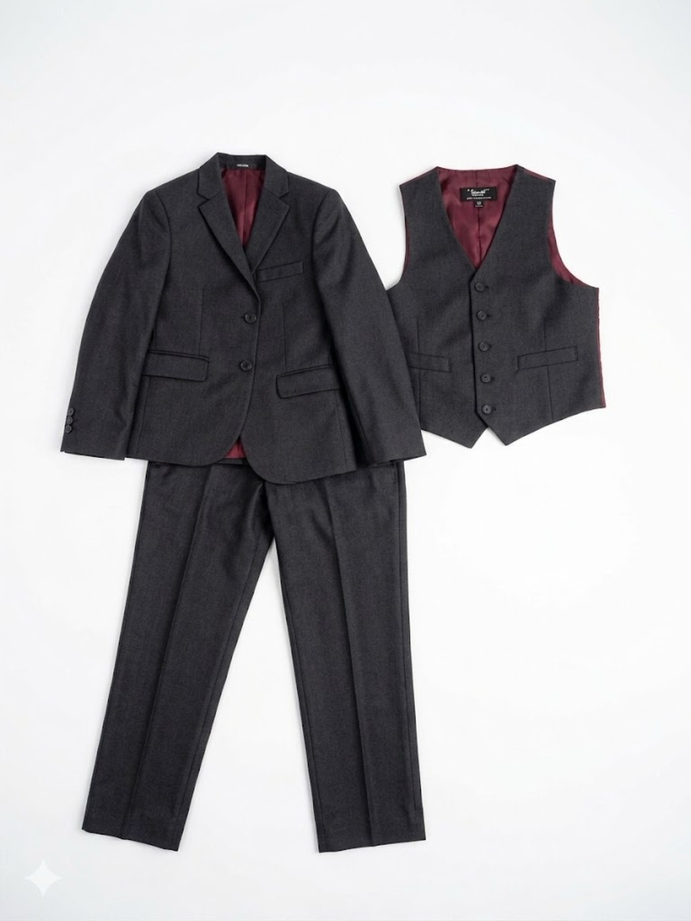 Boys dark grey Three-Piece Suit with Burgundy Lining